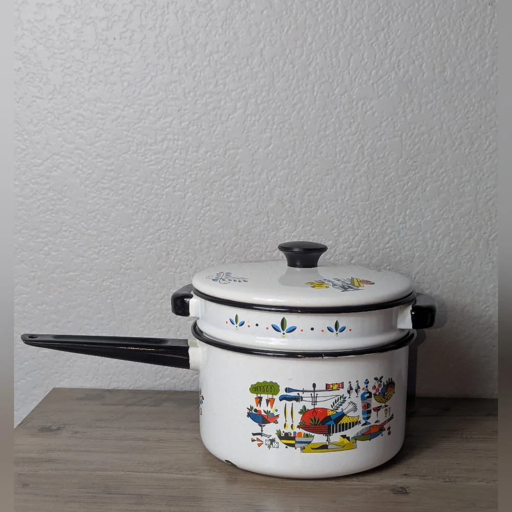 Georges Briard Enamel Ware Double Boiler Turkey Dinner Pattern